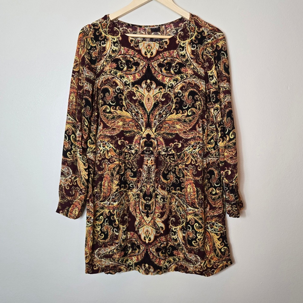 J. Jill Womens Paisley Tunic Dress Burgundy Gold Long‎ Sleeve SEE MEASUREMENTS